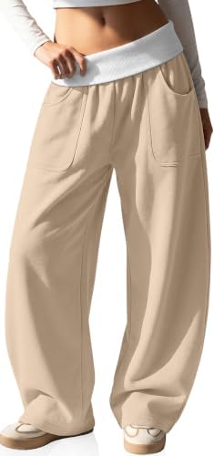 Womens Wide Leg Barrel Sweatpants Fold-Over Pants with Pockets S-XXL
