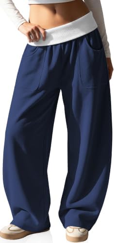 Womens Wide Leg Barrel Sweatpants Fold-Over Pants with Pockets S-XXL