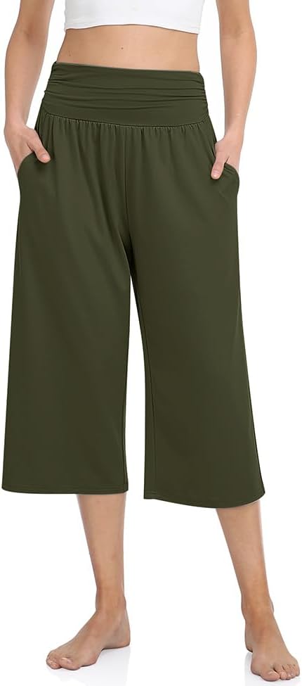 Women's Wide Leg Capri Yoga Pants with Pockets ArmyGreen