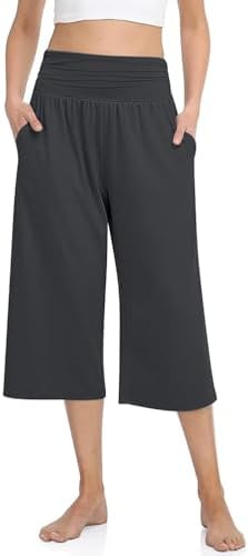 Women's Wide Leg Capri Yoga Pants with Pockets Darkgray