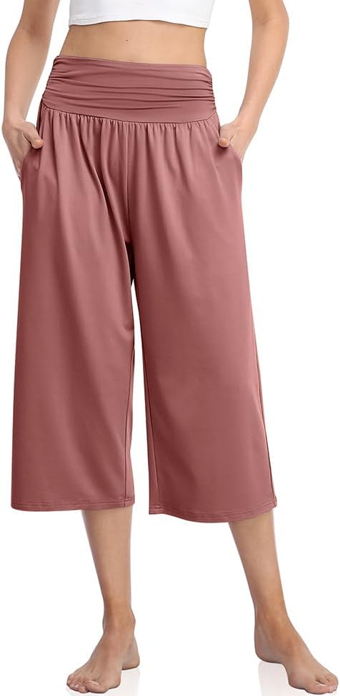 Women's Wide Leg Capri Yoga Pants with Pockets Dusty Rose