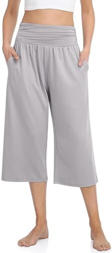 Women's Wide Leg Capri Yoga Pants with Pockets LightGray