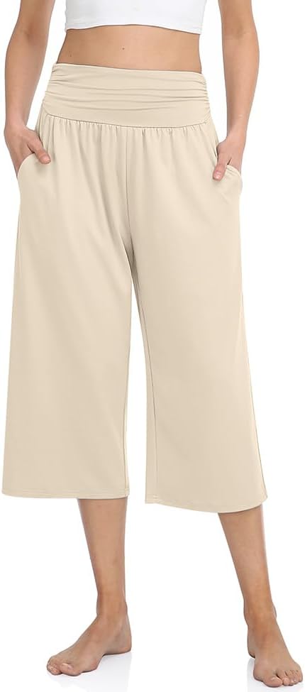 Women's Wide Leg Capri Yoga Pants with Pockets Lightkhaki
