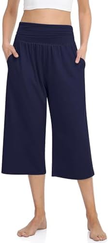 Women's Wide Leg Capri Yoga Pants with Pockets Navy