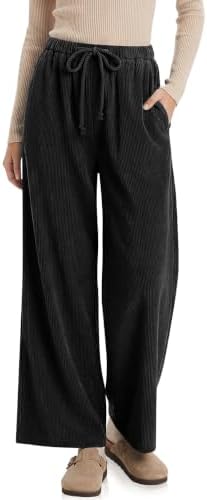 Women's Wide Leg Corduroy Pants Baggy High Waisted Trousers Black