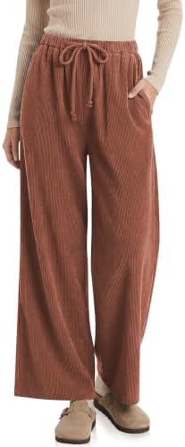 Women's Wide Leg Corduroy Pants Baggy High Waisted Trousers Brown
