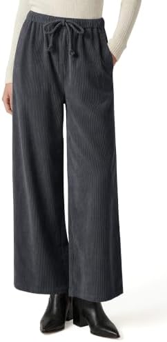 Women's Wide Leg Corduroy Pants Baggy High Waisted Trousers Dark Gray