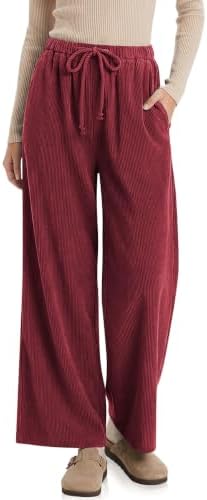 Women's Wide Leg Corduroy Pants Baggy High Waisted Trousers Wine