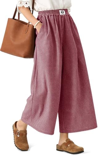 Womens Wide Leg Gingham Pants Elastic Waist Palazzo Cropped Trousers