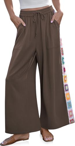 Women Wide Leg Linen Pants Boho Crochet Trim Drawstring Palazzo Pants