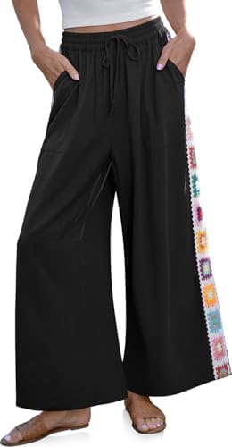 Women Wide Leg Linen Pants Boho Crochet Trim Drawstring Palazzo Pants