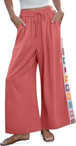 Women Wide Leg Linen Pants Boho Crochet Trim Drawstring Palazzo Pants