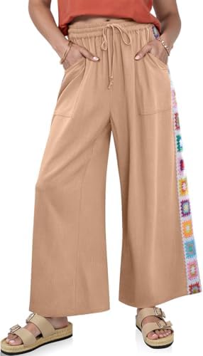 Women Wide Leg Linen Pants Boho Crochet Trim Drawstring Palazzo Pants