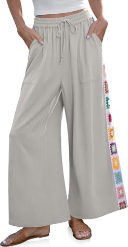 Women Wide Leg Linen Pants Boho Crochet Trim Drawstring Palazzo Pants
