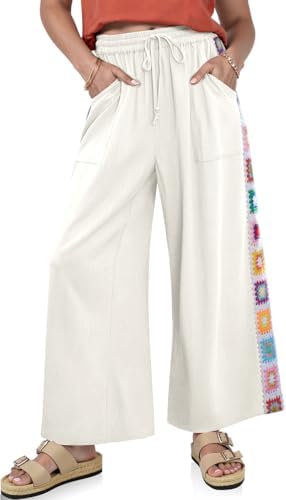 Women Wide Leg Linen Pants Boho Crochet Trim Drawstring Palazzo Pants