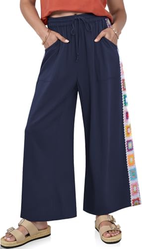 Women Wide Leg Linen Pants Boho Crochet Trim Drawstring Palazzo Pants