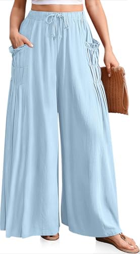Women's Wide Leg Linen Pants Flowy Casual Palazzo Trousers Aqua Blue