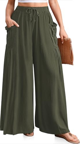 Women's Wide Leg Linen Pants Flowy Casual Palazzo Trousers Army Green