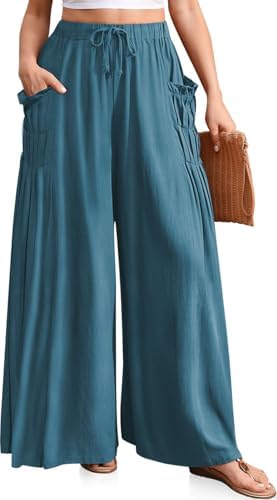 Women's Wide Leg Linen Pants Flowy Casual Palazzo Trousers Lake Blue