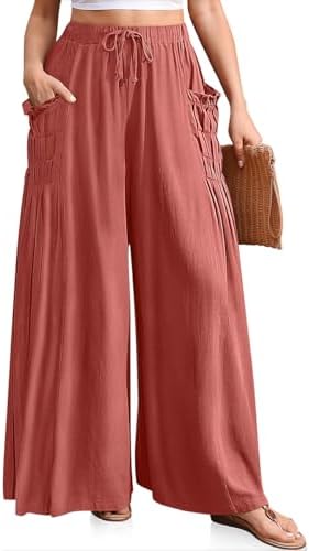 Women's Wide Leg Linen Pants Flowy Casual Palazzo Trousers Rust Red
