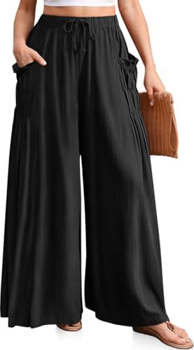 Women's Wide Leg Linen Pants Flowy Casual Palazzo Trousers Black