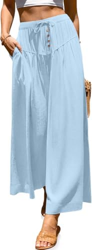 Womens Wide Leg Linen Pants Loose Casual Palazzo Trousers Aqua Blue
