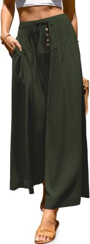 Womens Wide Leg Linen Pants Loose Casual Palazzo Trousers Army Green