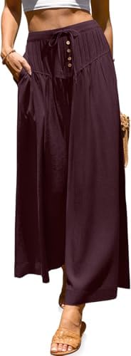 Womens Wide Leg Linen Pants Loose Casual Palazzo Trousers Burgundy
