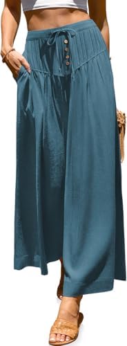Womens Wide Leg Linen Pants Loose Casual Palazzo Trousers Lakeblue