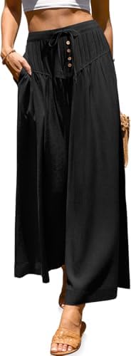 Womens Wide Leg Linen Pants Loose Casual Palazzo Trousers Black
