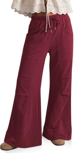 Womens Wide Leg Lounge Pant Baggy Flare Elastic Waist Sweatpants Wine