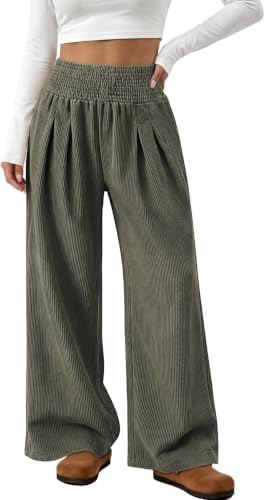 Women's Wide Leg Palazzo Corduroy Pants with Pockets Army Green