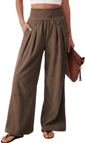Women's Wide Leg Palazzo Corduroy Pants with Pockets Dark Brown