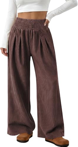 Women's Wide Leg Palazzo Corduroy Pants with Pockets Dark Coffee