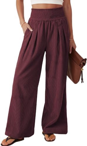 Women's Wide Leg Palazzo Corduroy Pants with Pockets Jujube Red