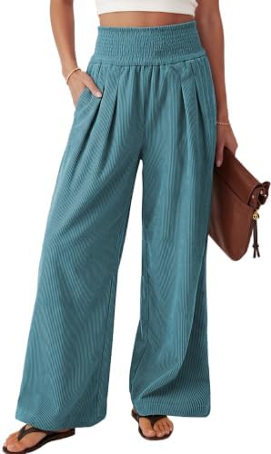 Women's Wide Leg Palazzo Corduroy Pants with Pockets Lake Blue