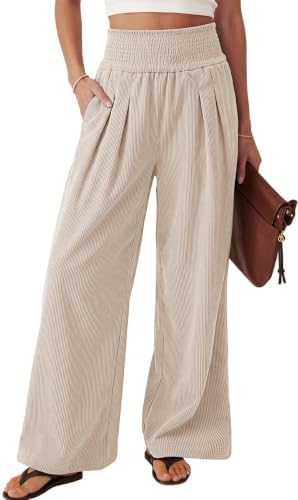 Women's Wide Leg Palazzo Corduroy Pants with Pockets Light Khaki