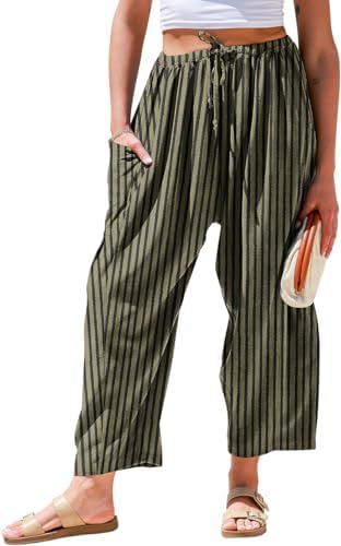 Womens Wide Leg Striped Linen Pants with Pocket