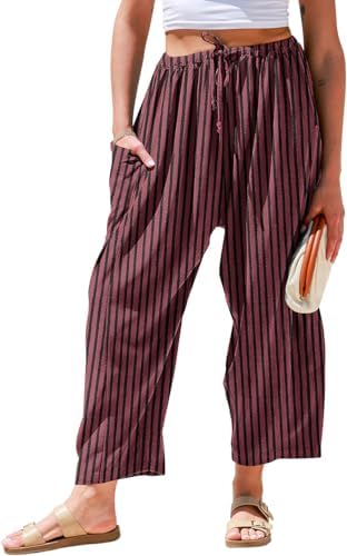 Womens Wide Leg Striped Linen Pants with Pocket
