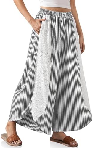 Womens Wide Leg Striped Linen Pants with Pocket