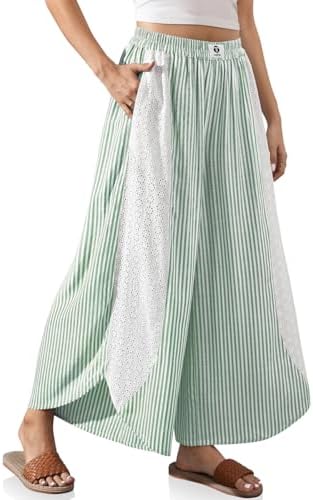 Womens Wide Leg Striped Linen Pants with Pocket