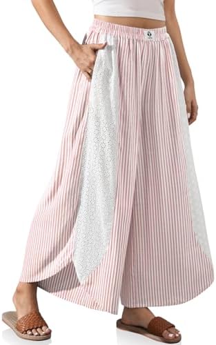 Womens Wide Leg Striped Linen Pants with Pocket