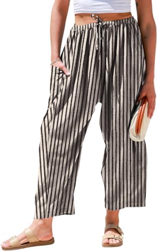 Womens Wide Leg Striped Linen Pants with Pocket