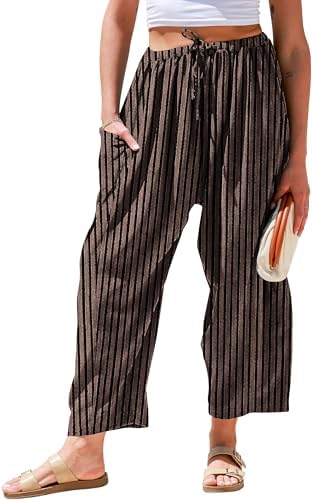Womens Wide Leg Striped Linen Pants with Pocket