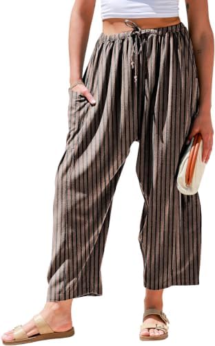 Womens Wide Leg Striped Linen Pants with Pocket