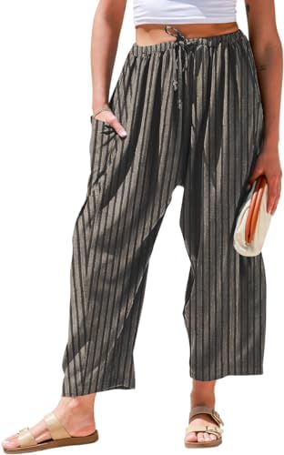 Womens Wide Leg Striped Linen Pants with Pocket