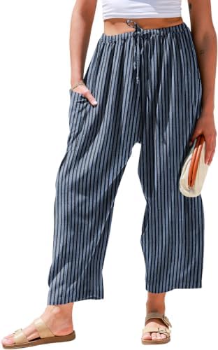 Womens Wide Leg Striped Linen Pants with Pocket