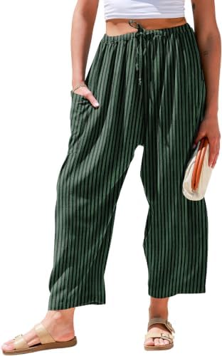 Womens Wide Leg Striped Linen Pants with Pocket
