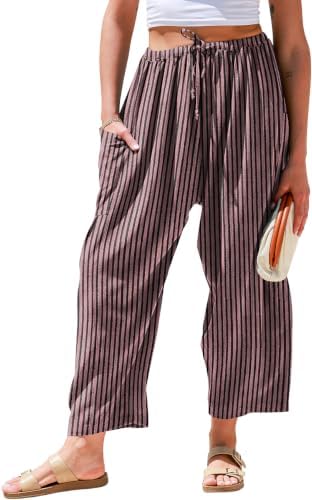 Womens Wide Leg Striped Linen Pants with Pocket