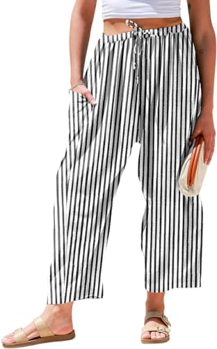 Womens Wide Leg Striped Linen Pants with Pocket